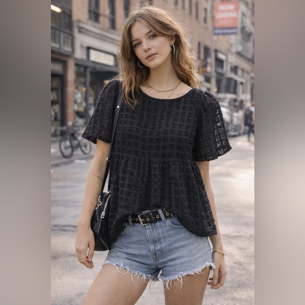 Black Sheer Textured Babydoll Blouse | Urban Outfitters Boho Top